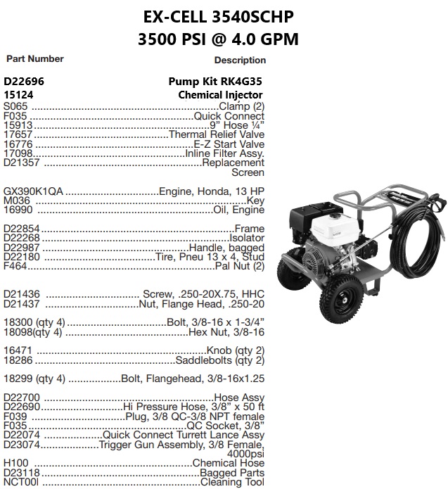 EXCELL DEVILBISS model 3540SCHP power washer parts